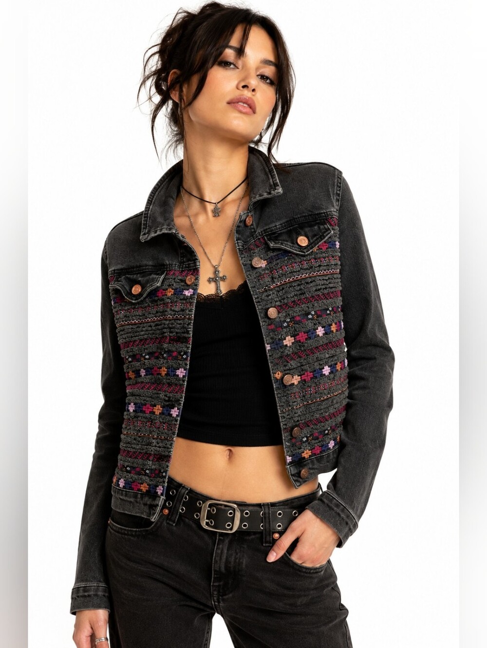 Topshop Moto Black Embroidered Denim Jacket US 2 Boho Stretch